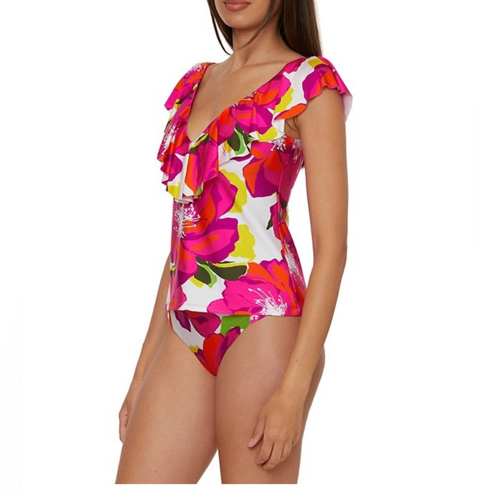 311 - Trina Turk Bloom Plunge V-Neck Ruffle Tankini Swim Top 🌺👙 - Picture 3 of 12
